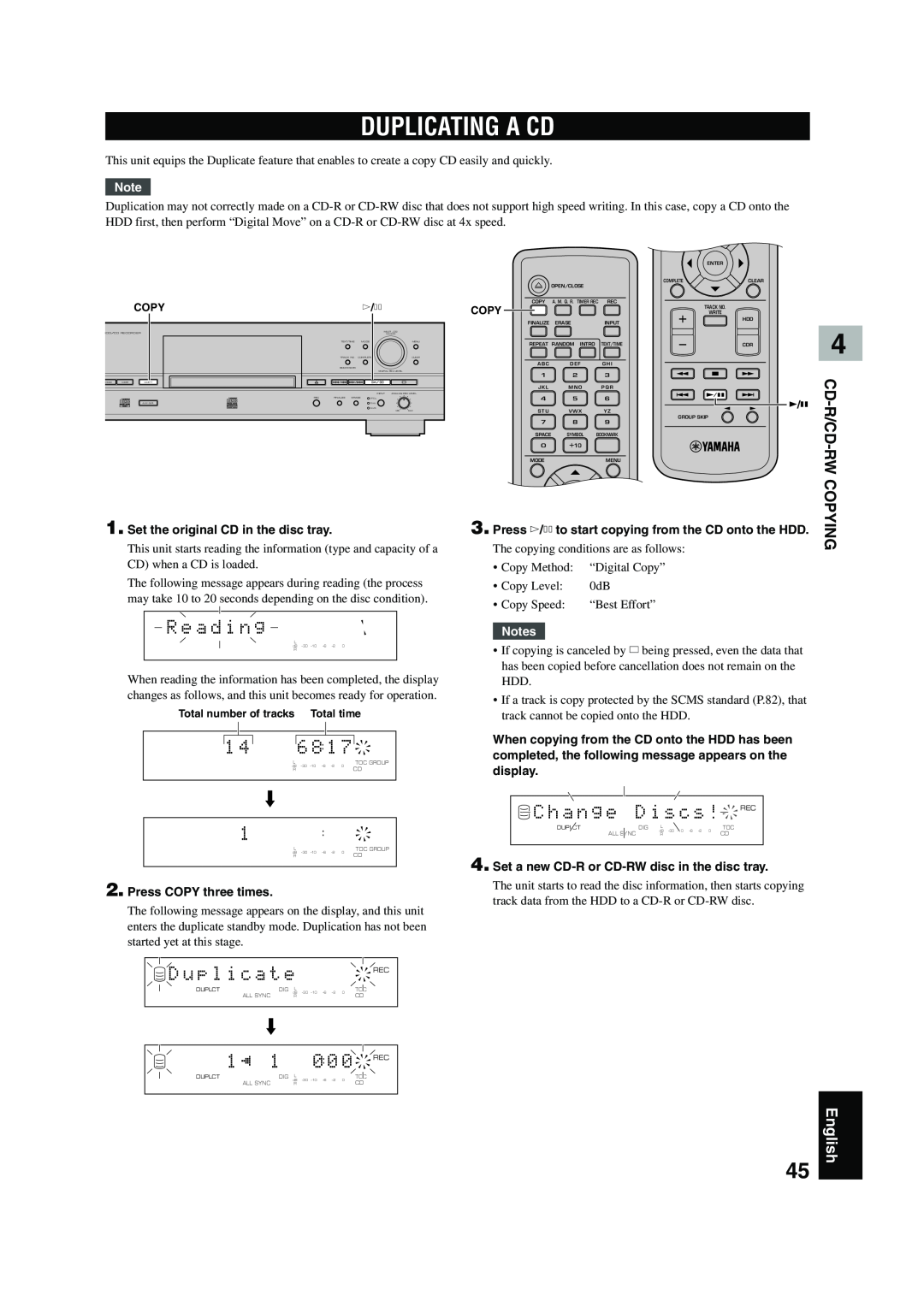 Yamaha CDR-HD 1500 owner manual Duplicating A Cd, C h a n g e D i s c s !REC, R e a d i n g, Cd-R/Cd -Rw, Copying, English 