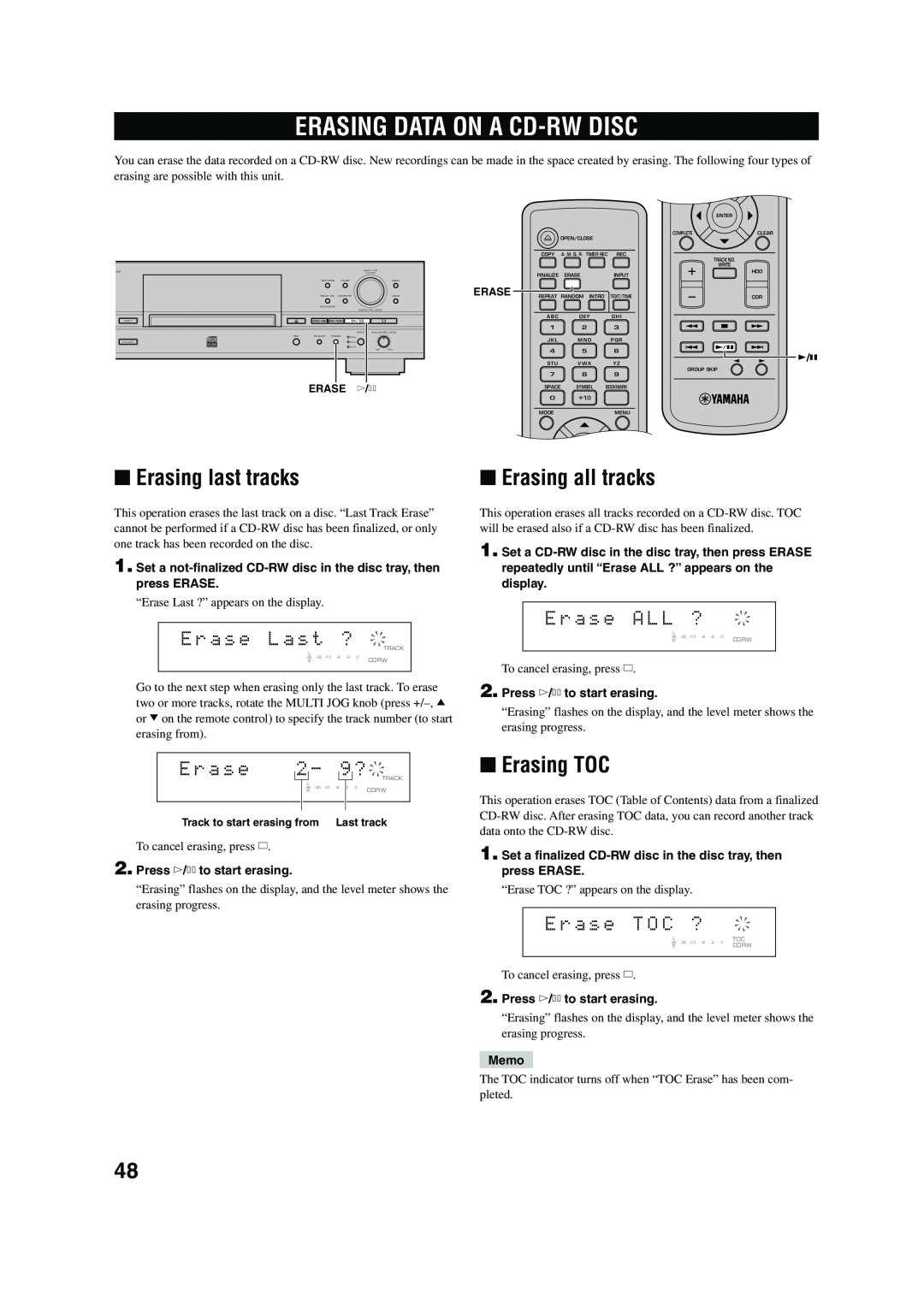 Yamaha CDR-HD 1500 owner manual Erasing Data On A Cd-Rwdisc, Erasing last tracks, Erasing all tracks, Erasing TOC 