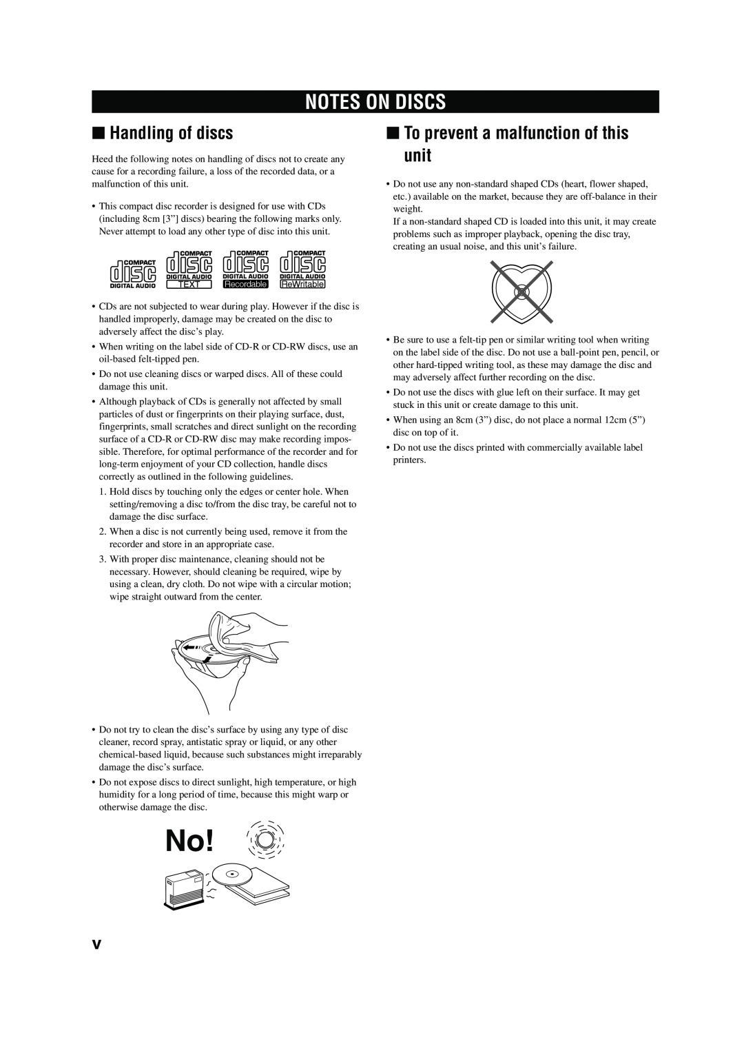 Yamaha CDR-HD 1500 owner manual Notes On Discs, Handling of discs, To prevent a malfunction of this unit 