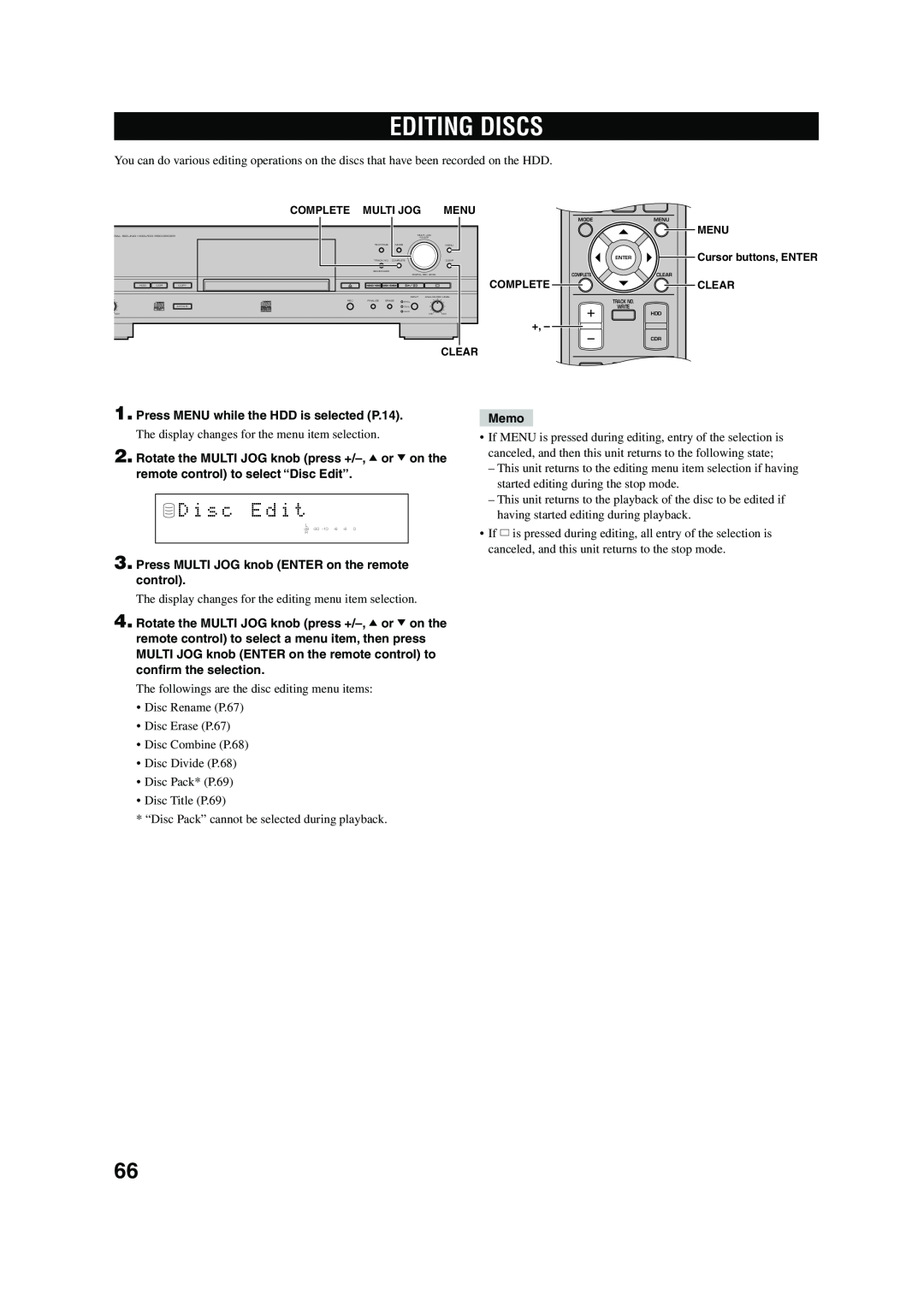Yamaha CDR-HD 1500 owner manual Editing Discs, D i s c E d i t 