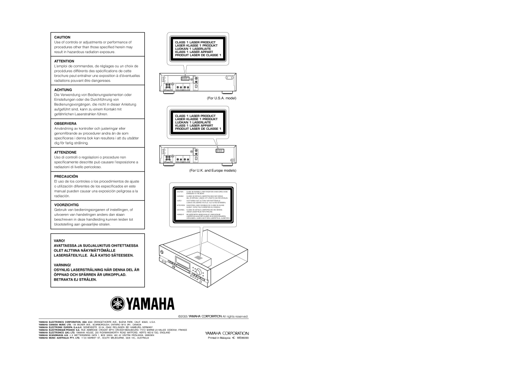 Yamaha CDR-HD 1500 owner manual Achtung, Observera, Attenzione, Precaución, Voorzichtig, Varo, Varning 