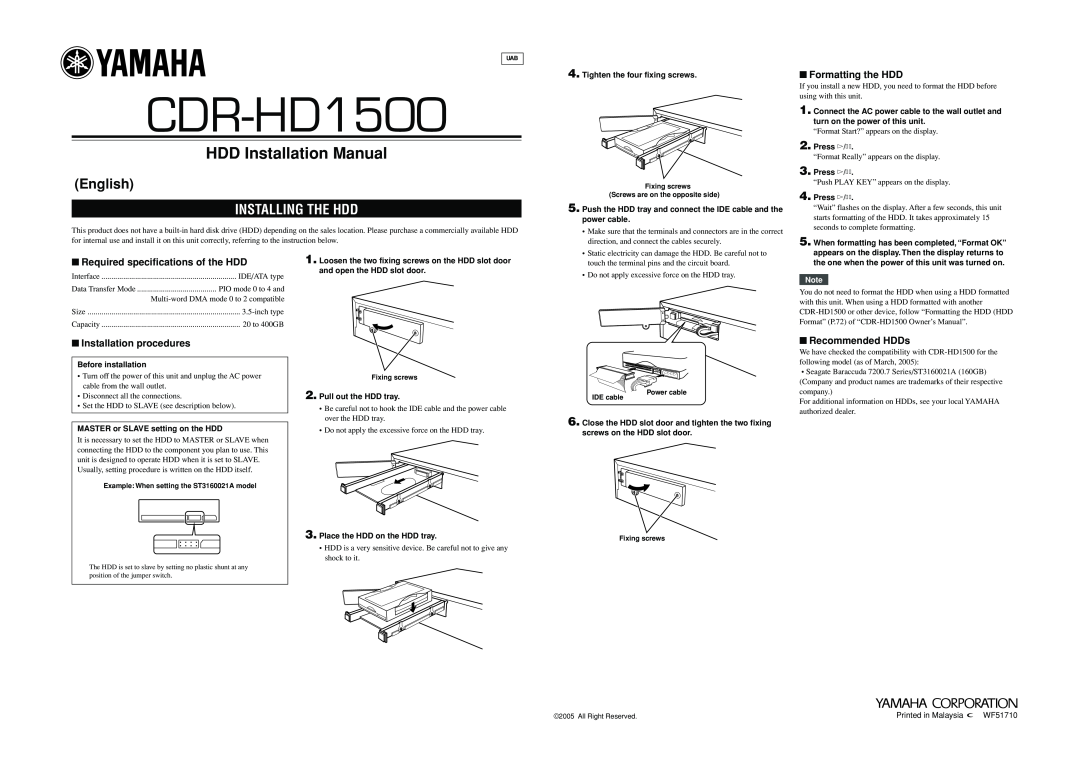 Yamaha CDR-HD 1500 English, Installing The Hdd, CDR-HD1500, HDD Installation Manual, Formatting the HDD, Recommended HDDs 