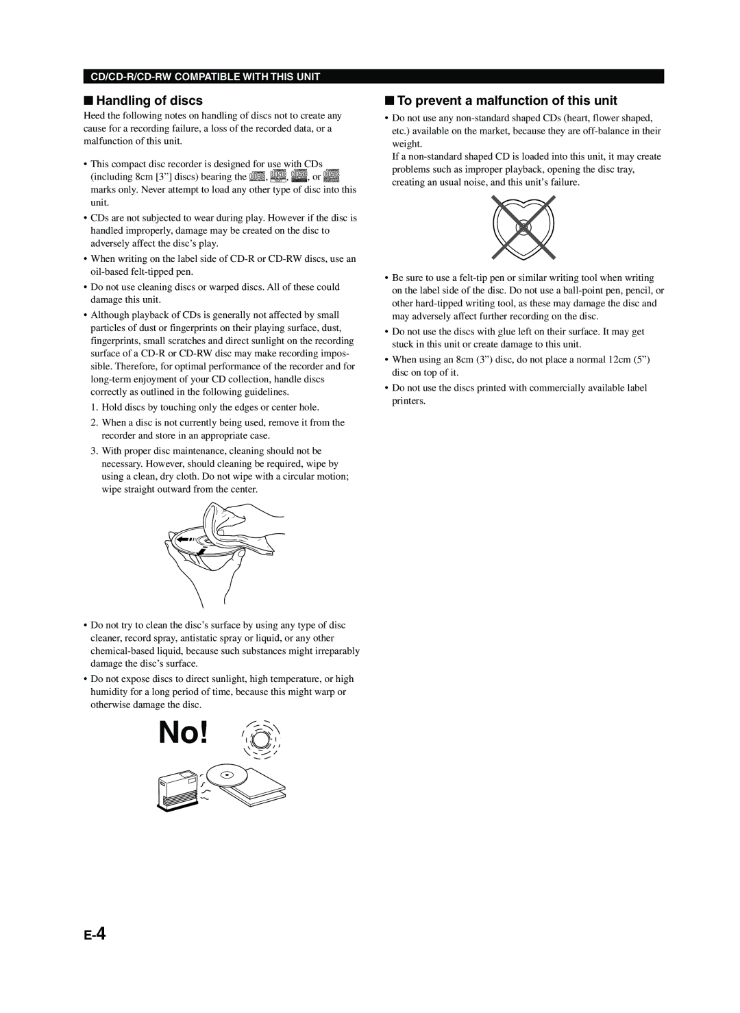 Yamaha CDR-HD1300E owner manual Handling of discs, To prevent a malfunction of this unit 