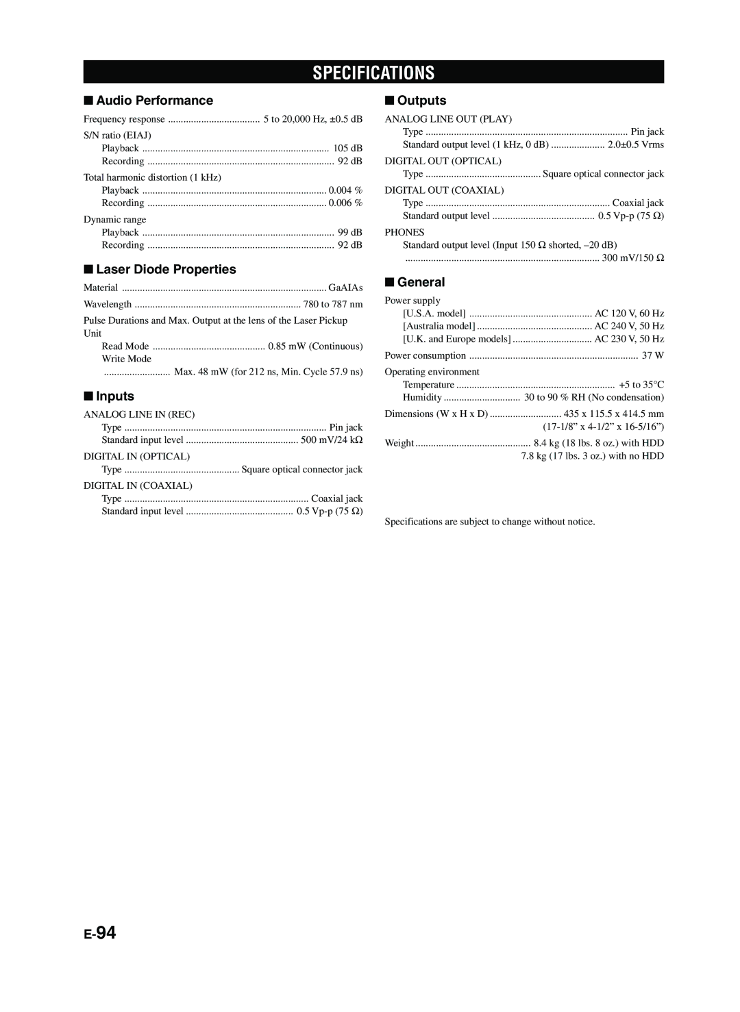 Yamaha CDR-HD1300E owner manual Specifications 