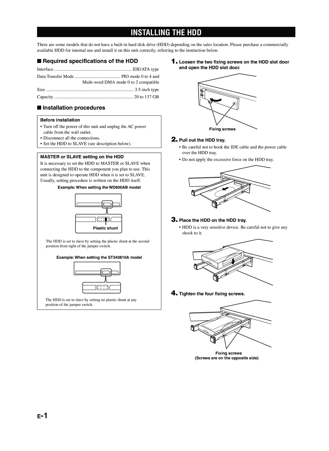 Yamaha CDR-HD1300E owner manual Installing the HDD, Required specifications of the HDD, Installation procedures 