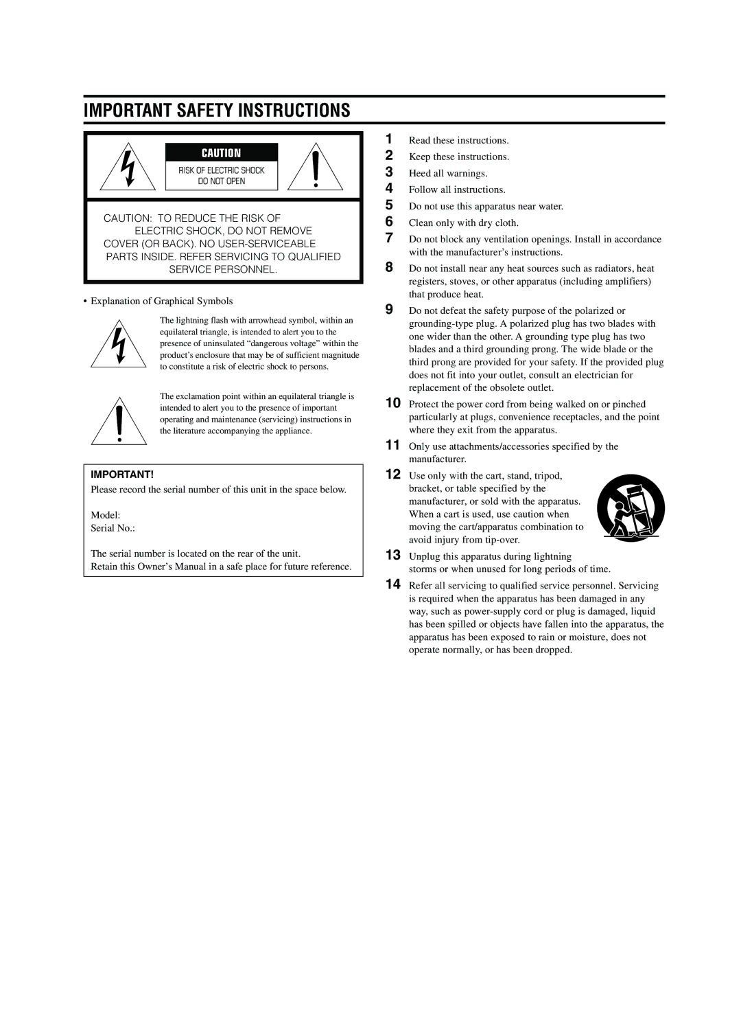 Yamaha CDR-HD1300E owner manual Important Safety Instructions, Explanation of Graphical Symbols 