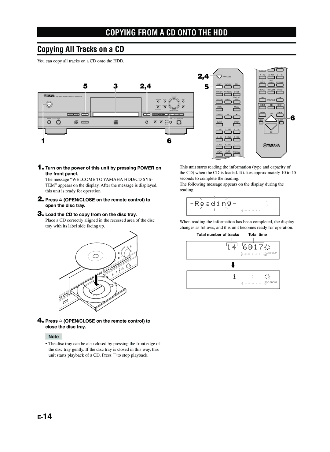 Yamaha CDR-HD1300E owner manual Copying from a CD Onto the HDD, Copying All Tracks on a CD, A d i n g 