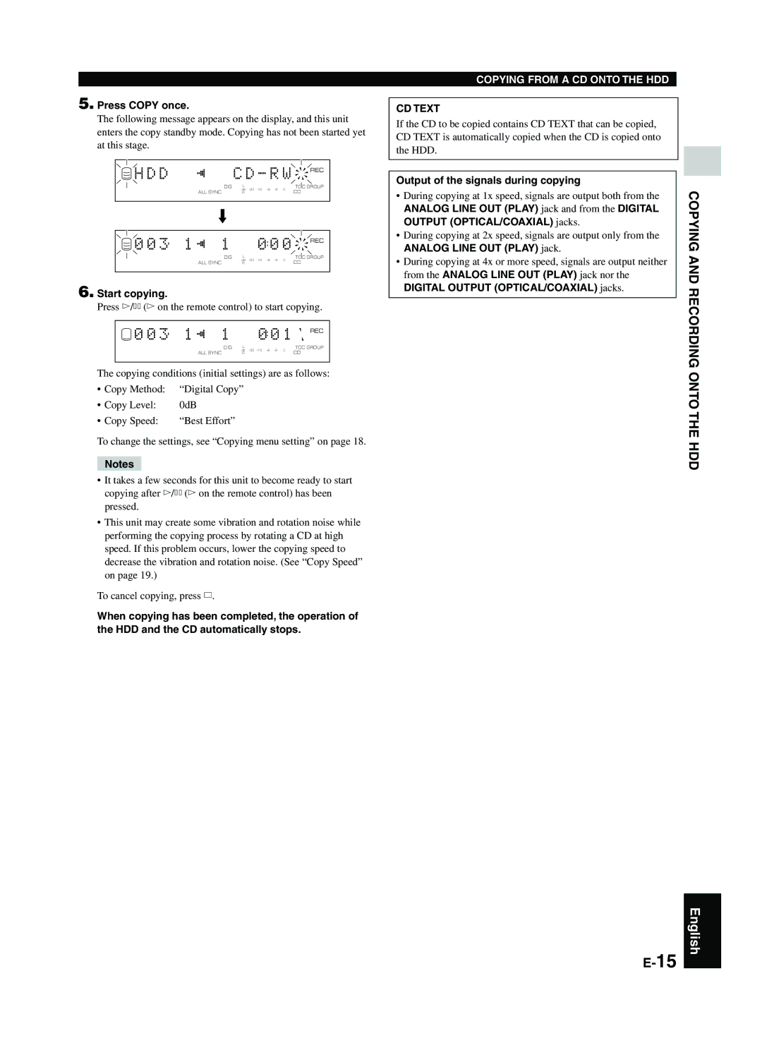 Yamaha CDR-HD1300E owner manual 3 1 π 1 REC, Press Copy once, Start copying, Output of the signals during copying 