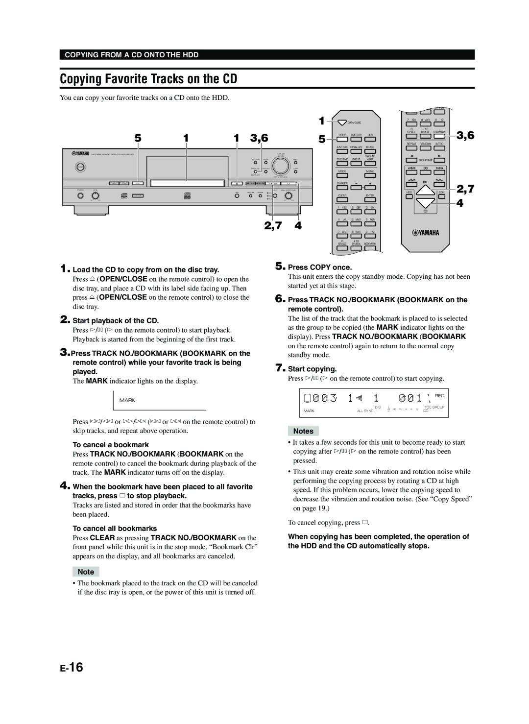 Yamaha CDR-HD1300E owner manual Copying Favorite Tracks on the CD, Start playback of the CD, To cancel a bookmark 