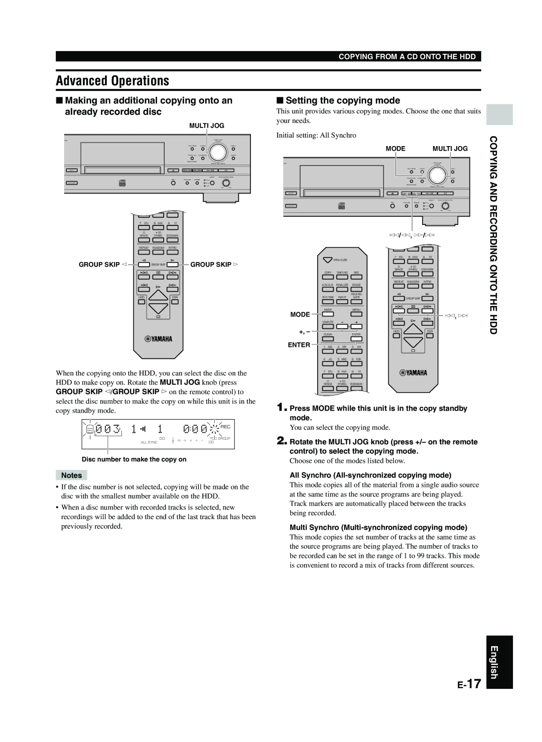 Yamaha CDR-HD1300E owner manual Advanced Operations, 3 1 π, Making an additional copying onto an already recorded disc 