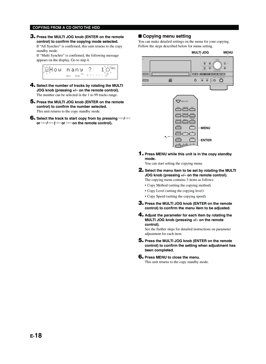 Yamaha CDR-HD1300E owner manual W m a n y, Copying menu setting, Press Menu while this unit is in the copy standby mode 