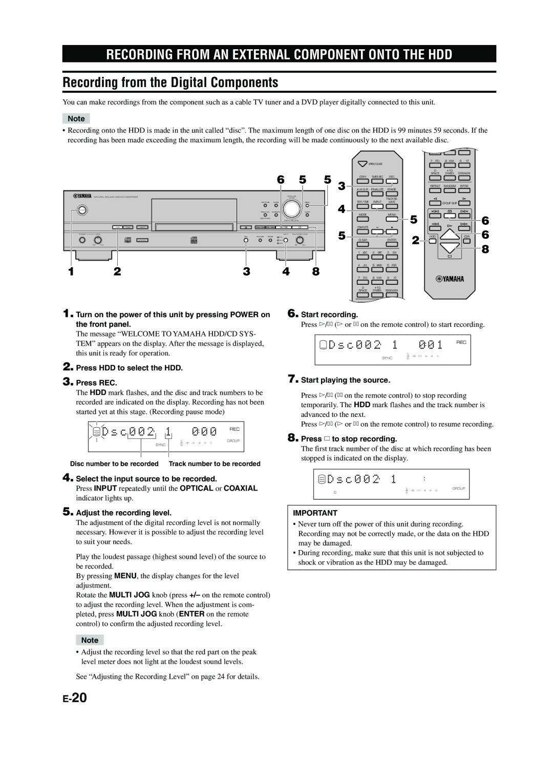 Yamaha CDR-HD1300E owner manual Recording from the Digital Components, 0 REC, C 0 0 2 1 REC 