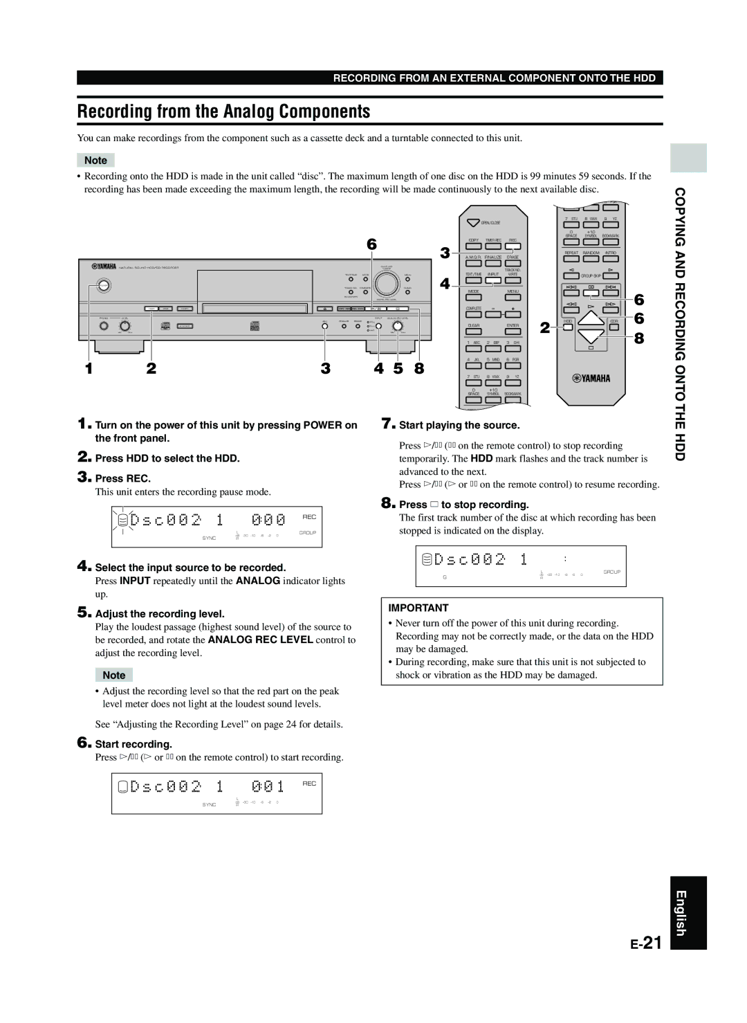 Yamaha CDR-HD1300 Recording from the Analog Components, C 0 0 2 0 REC, This unit enters the recording pause mode 