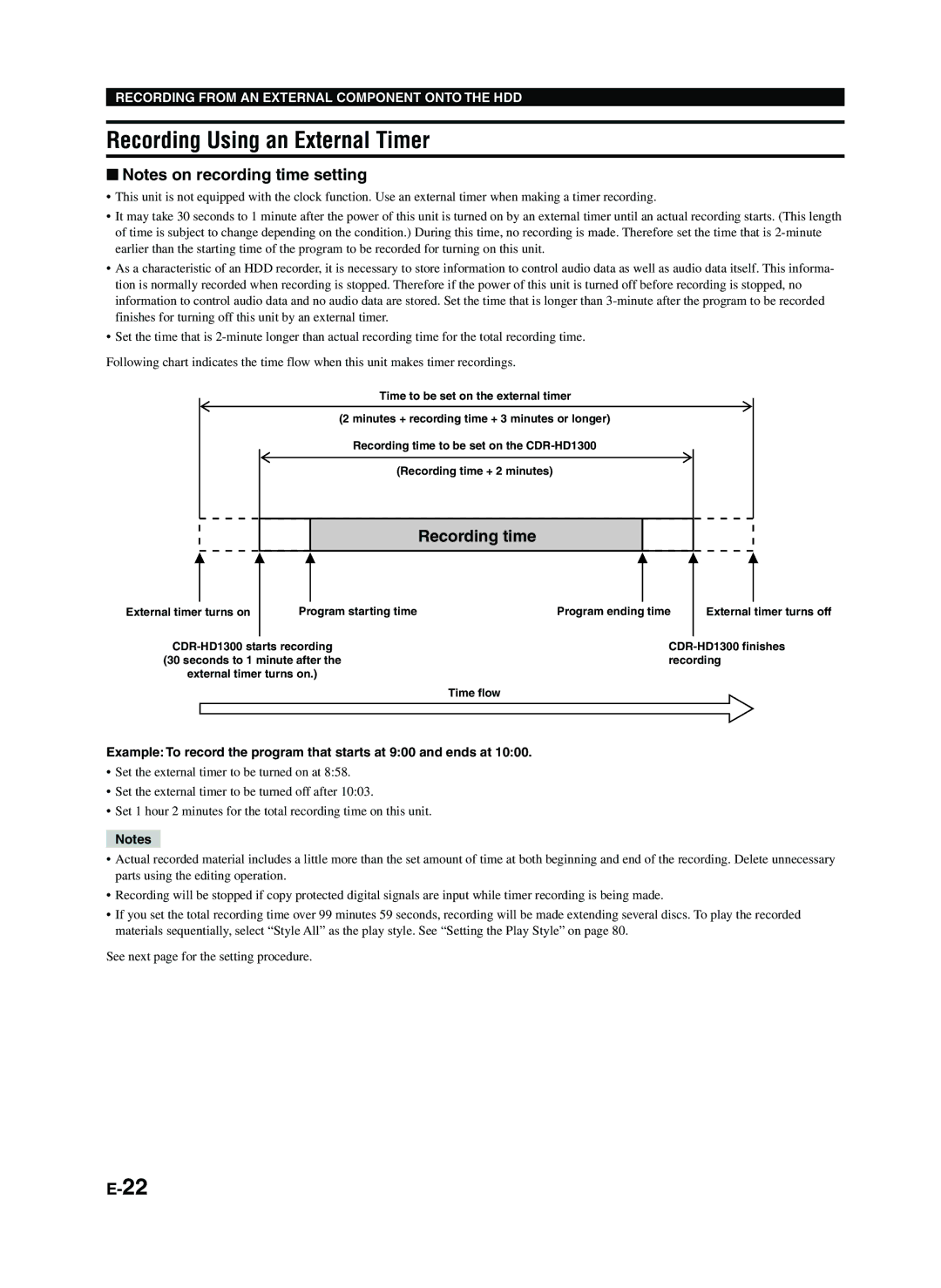 Yamaha CDR-HD1300E owner manual Recording Using an External Timer, Recording time 