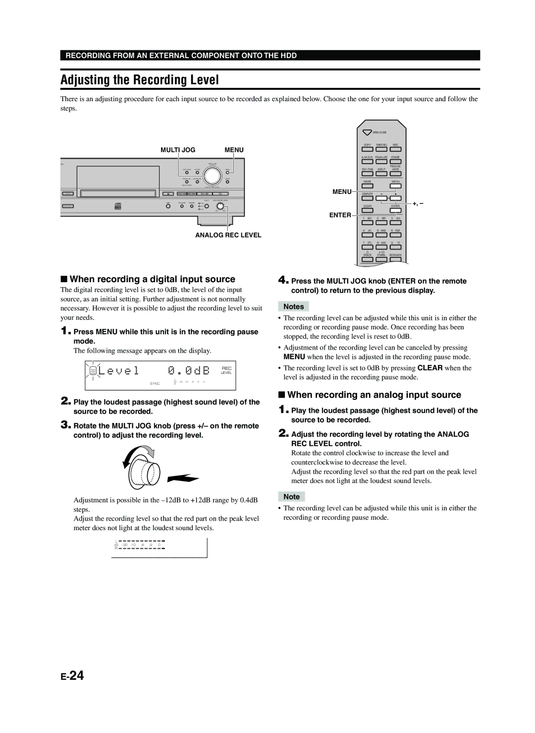 Yamaha CDR-HD1300E owner manual Adjusting the Recording Level, When recording a digital input source 