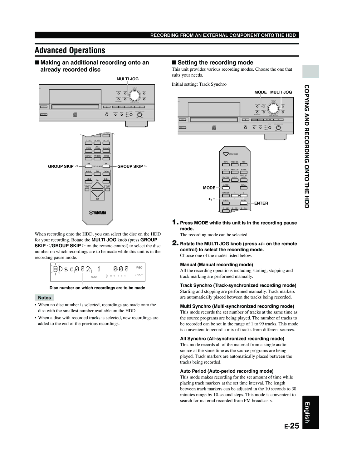 Yamaha CDR-HD1300E owner manual Press Mode while this unit is in the recording pause mode, Manual Manual recording mode 