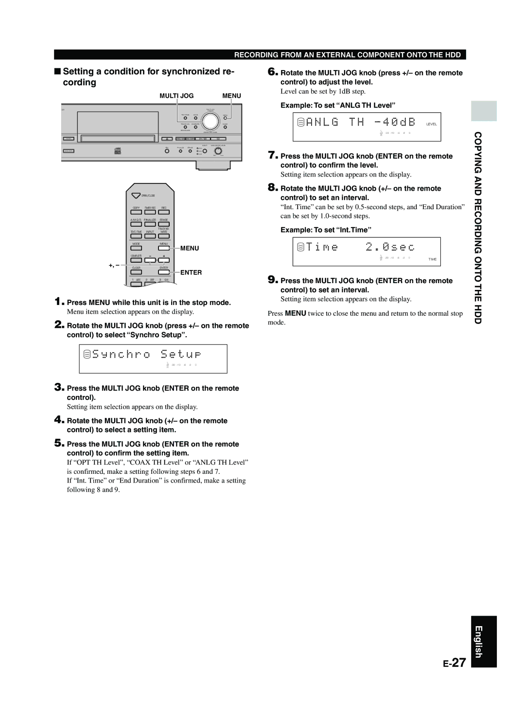 Yamaha CDR-HD1300 L G T H 4 0 d B Level, M e E c, N c h r o S e t u p, Setting a condition for synchronized re, Cording 