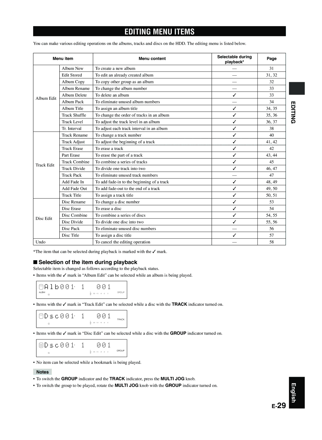 Yamaha CDR-HD1300E owner manual Editing Menu Items, B 0 0 1, C 0 0 1, Selection of the item during playback 