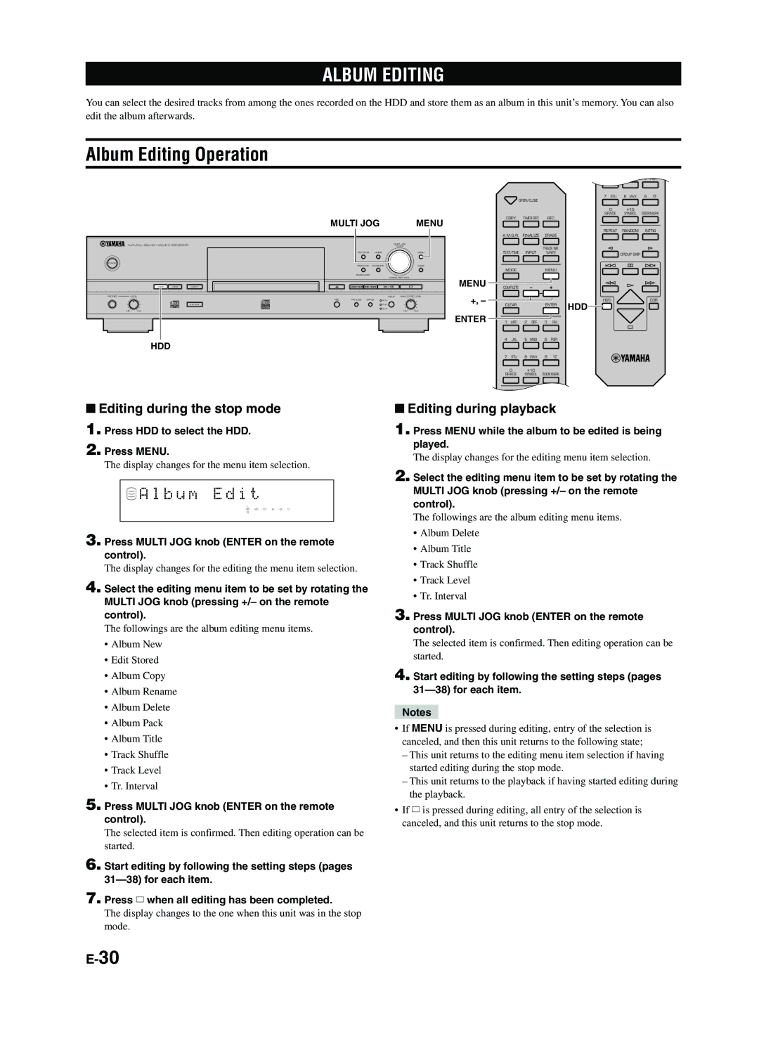 Yamaha CDR-HD1300E Album Editing Operation, B u m E d i t, Editing during the stop mode, Editing during playback 