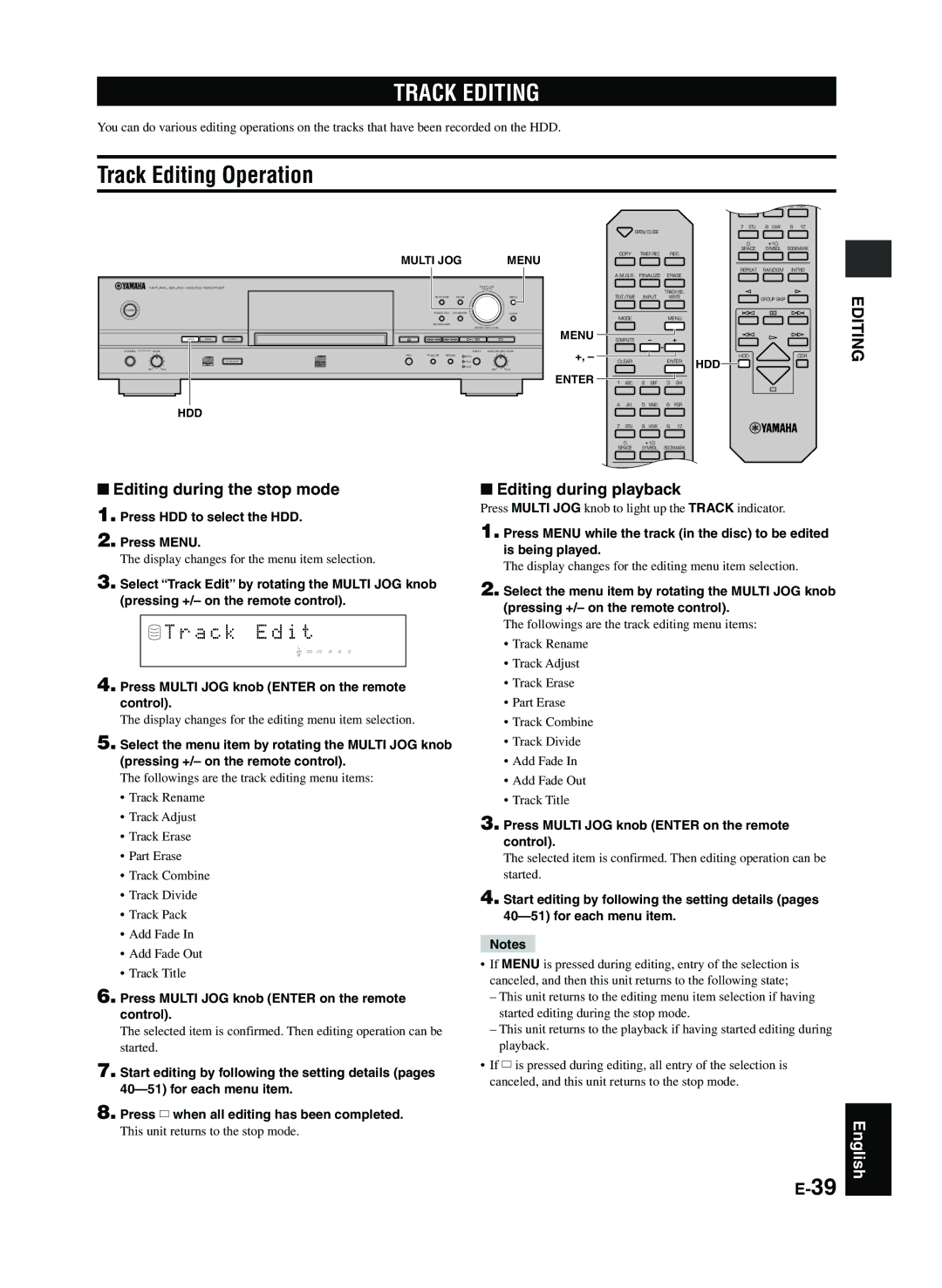 Yamaha CDR-HD1300E owner manual Track Editing Operation, A c k E d i t, This unit returns to the stop mode 