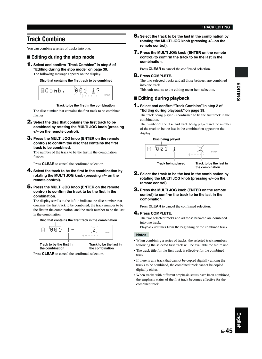 Yamaha CDR-HD1300E owner manual Track Combine, M b, You can combine a series of tracks into one 