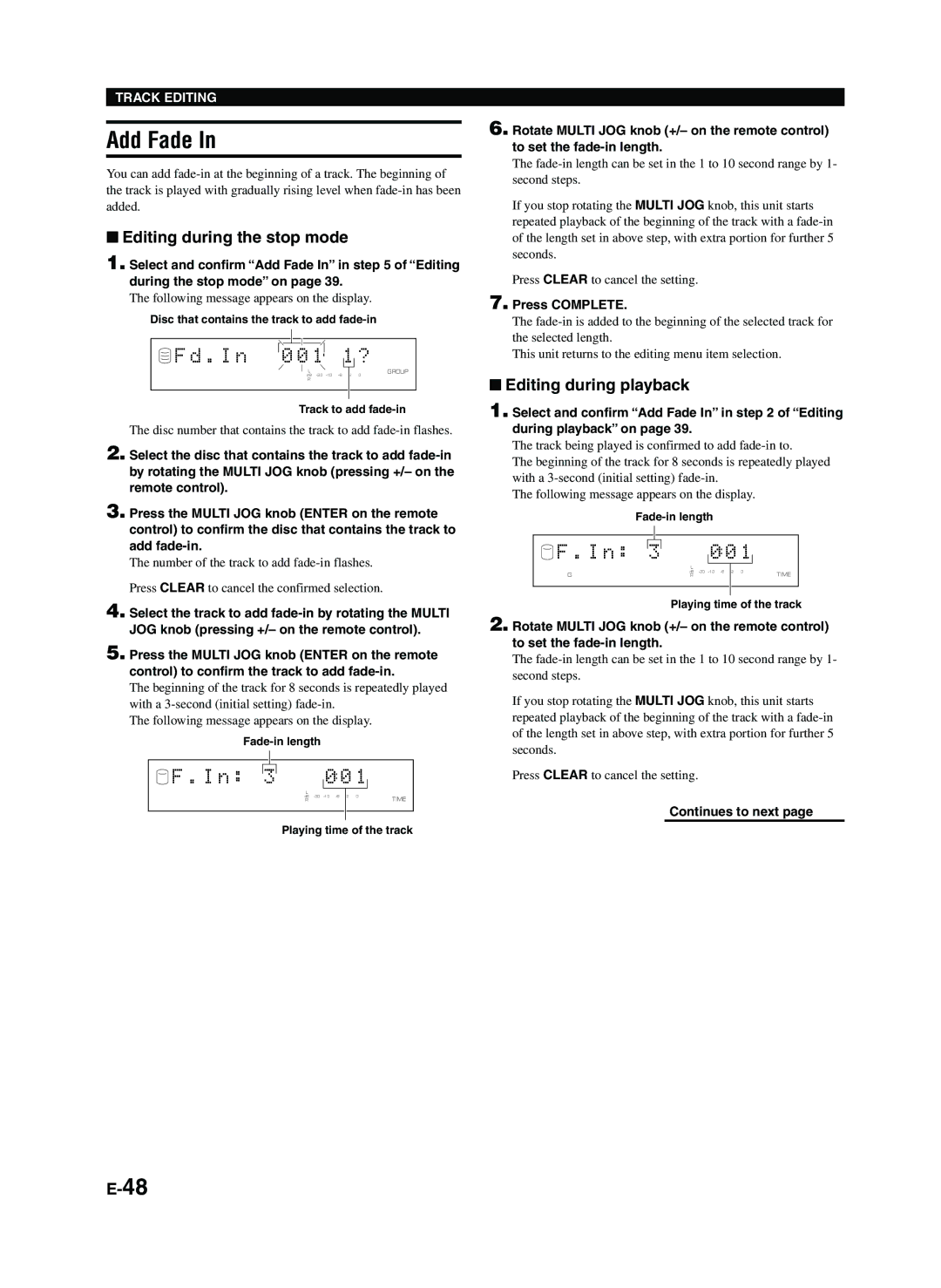 Yamaha CDR-HD1300E owner manual Add Fade, I n, Disc number that contains the track to add fade-in flashes 