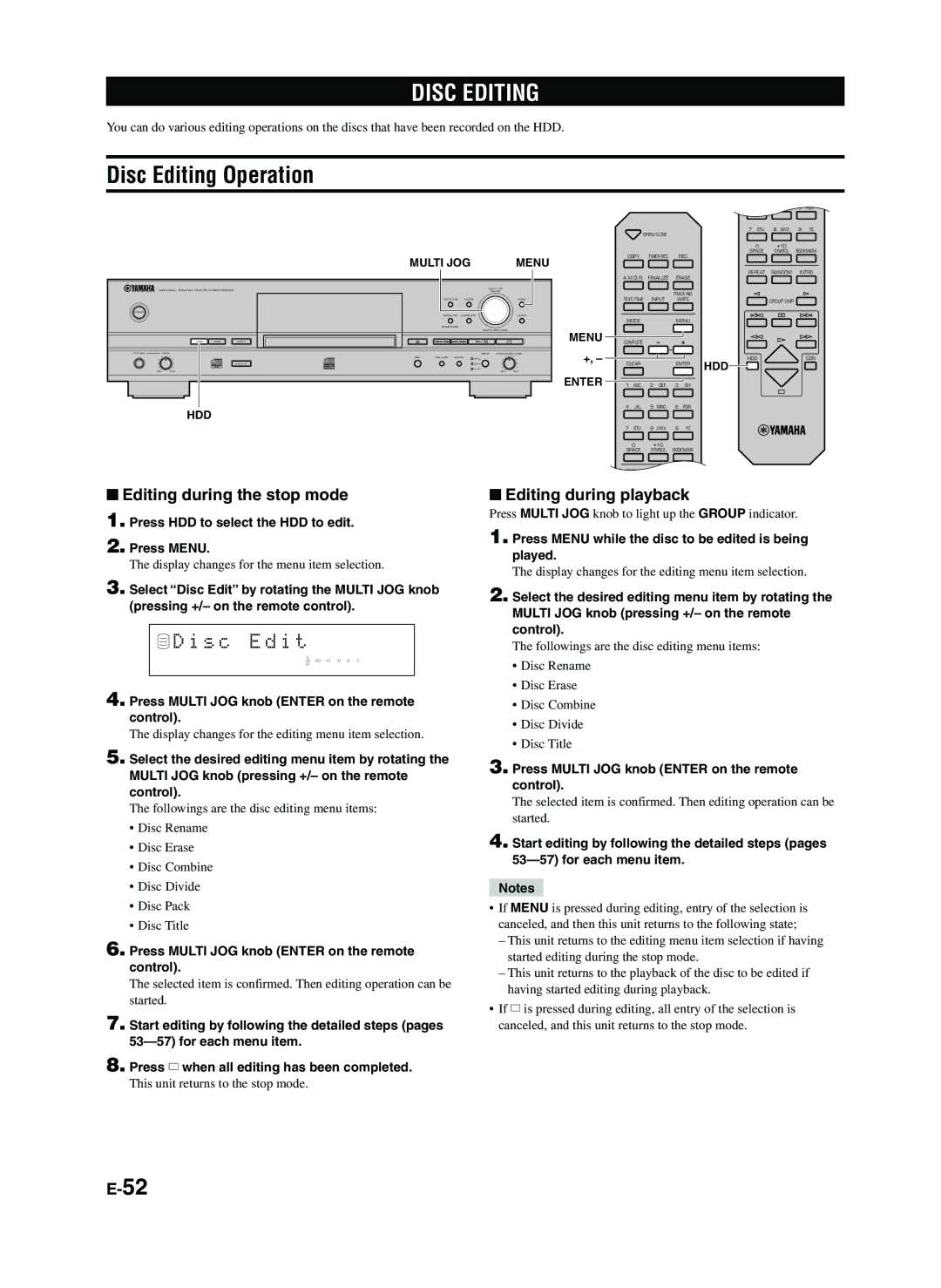 Yamaha CDR-HD1300E owner manual Disc Editing Operation, S c E d i t, Press HDD to select the HDD to edit Press Menu 