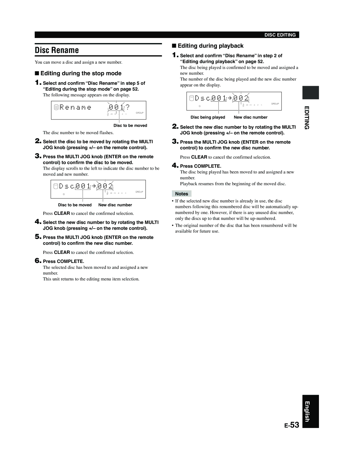 Yamaha CDR-HD1300E Disc Rename, You can move a disc and assign a new number, Disc number to be moved flashes 