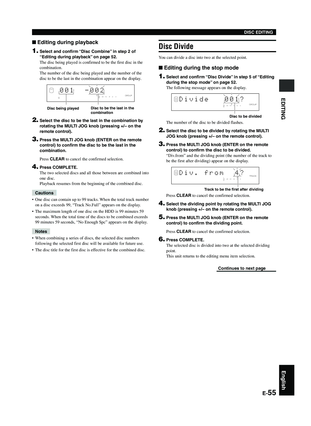 Yamaha CDR-HD1300E owner manual Disc Divide, V i d e, V . f r o m, You can divide a disc into two at the selected point 