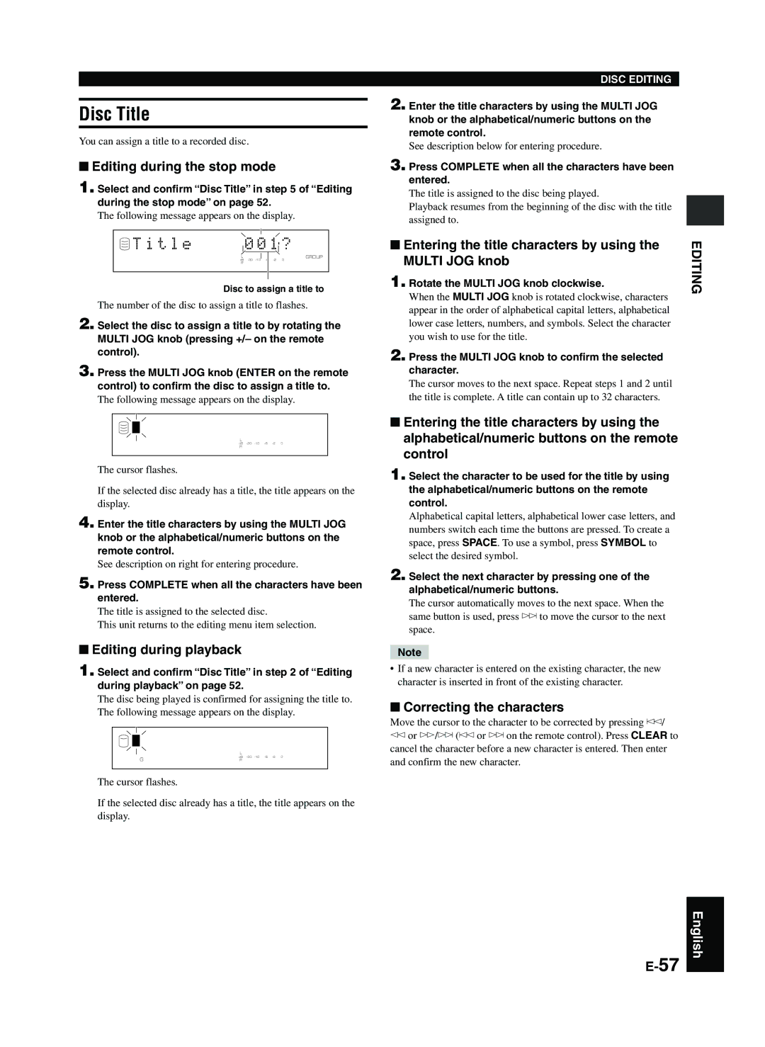 Yamaha CDR-HD1300 Disc Title, You can assign a title to a recorded disc, Number of the disc to assign a title to flashes 