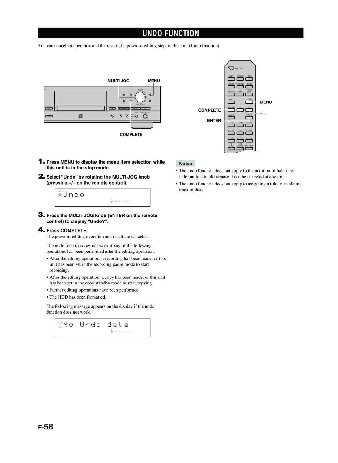 Yamaha CDR-HD1300E owner manual Undo Function, D o, U n d o d a t a, Previous editing operation and result are canceled 