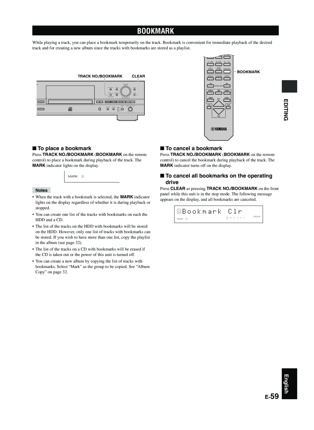 Yamaha CDR-HD1300E owner manual Bookmark, O k m a r k C l r, To place a bookmark, To cancel a bookmark 