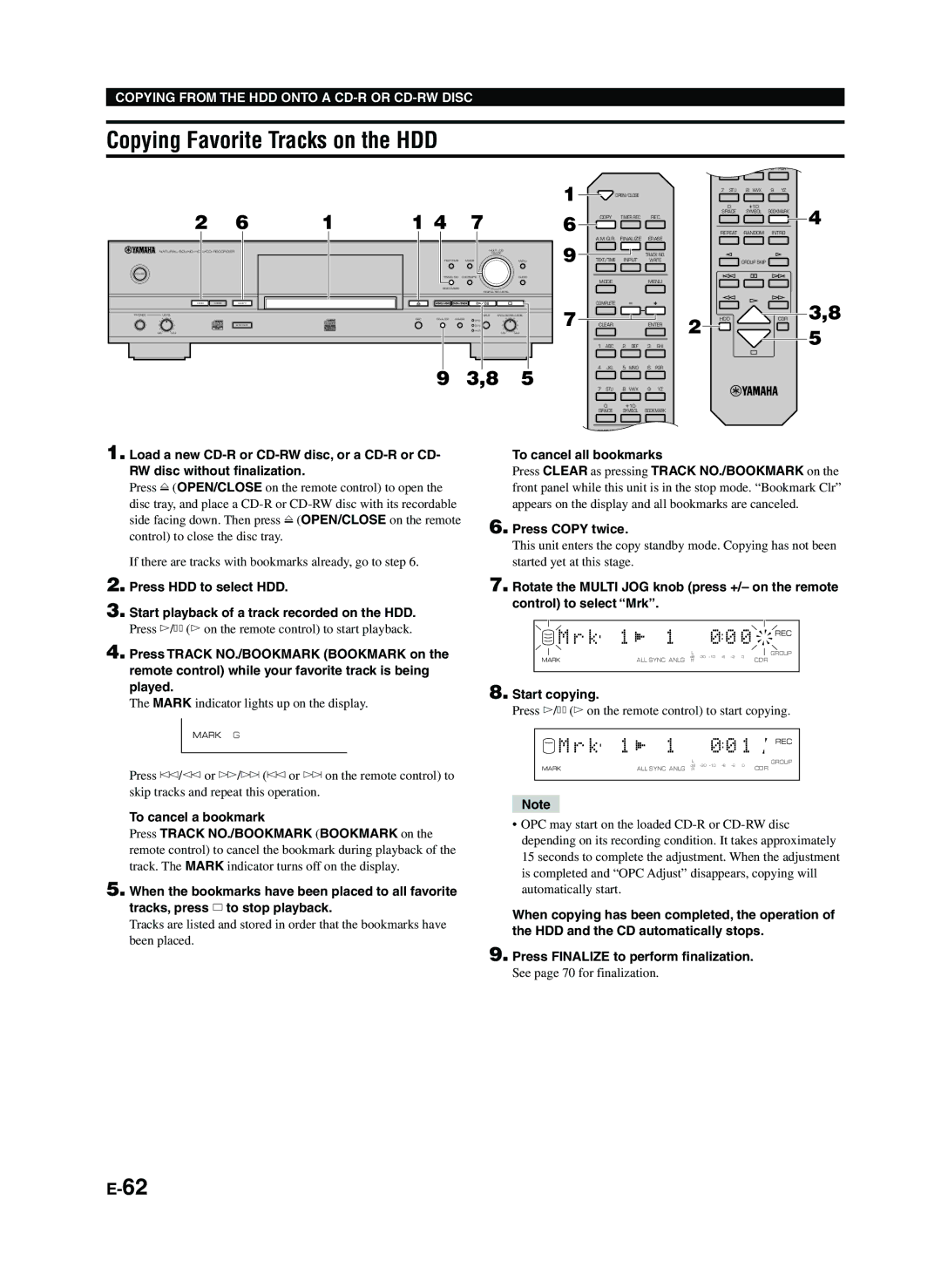 Yamaha CDR-HD1300E Copying Favorite Tracks on the HDD, Played Start copying, Press Track NO./BOOKMARK Bookmark on 