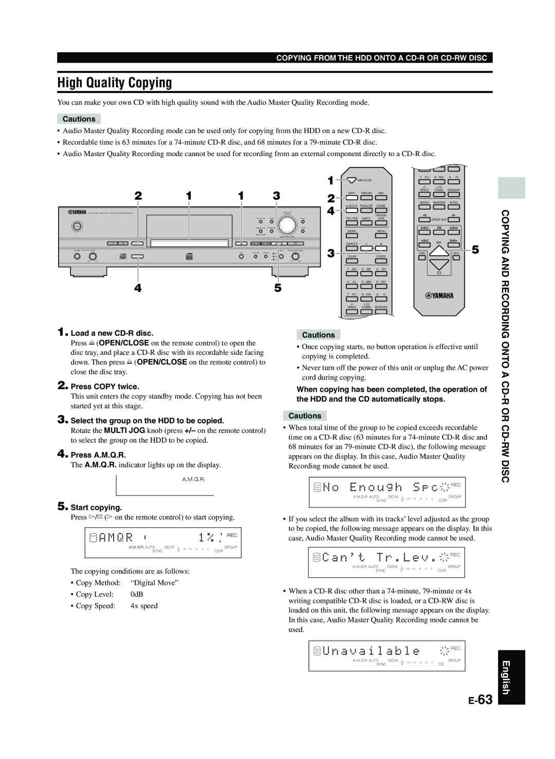 Yamaha CDR-HD1300E owner manual High Quality Copying, E n o u g h, Rec, N t T r . L e v . REC, A v a i l a b l e 