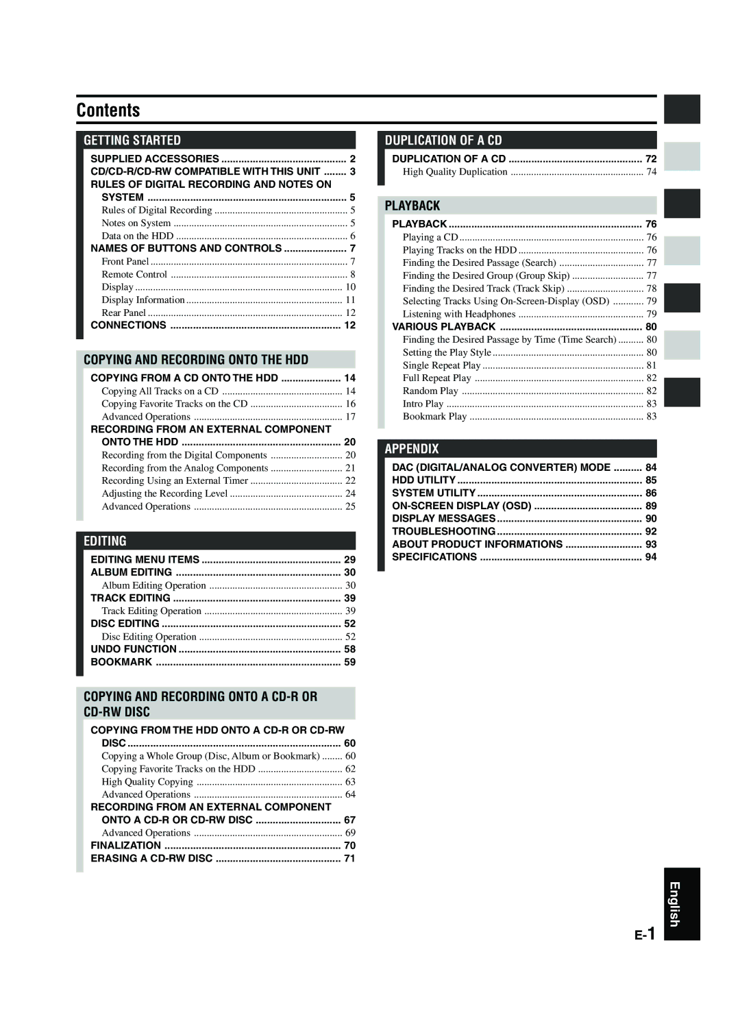 Yamaha CDR-HD1300E owner manual Contents 