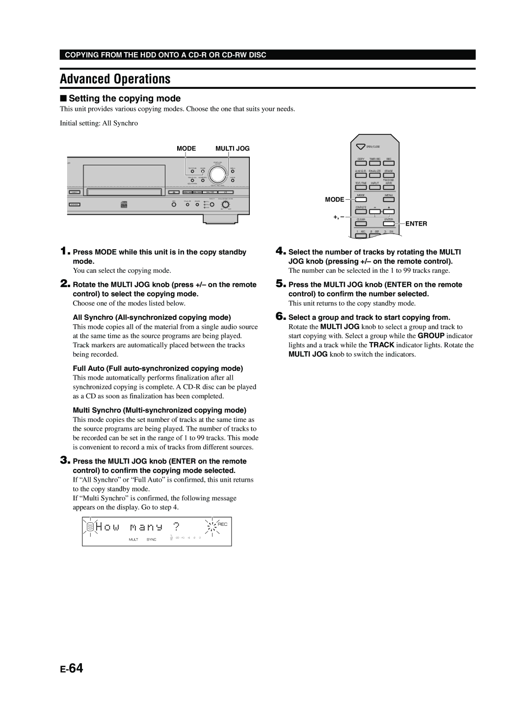 Yamaha CDR-HD1300E Full Auto Full auto-synchronized copying mode, Select a group and track to start copying from 