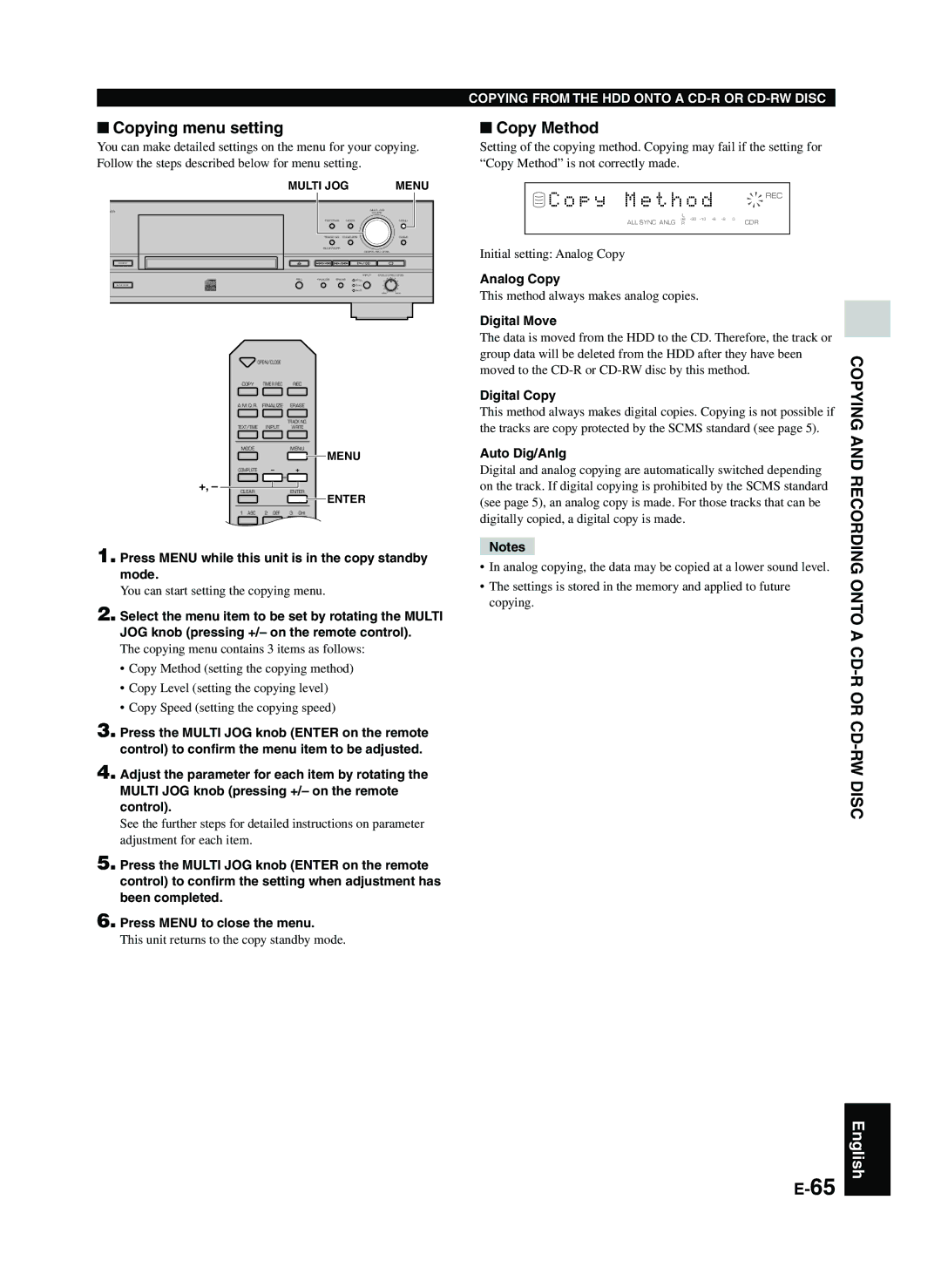 Yamaha CDR-HD1300E owner manual Copy Method, Digital Move, Digital Copy, Auto Dig/Anlg 