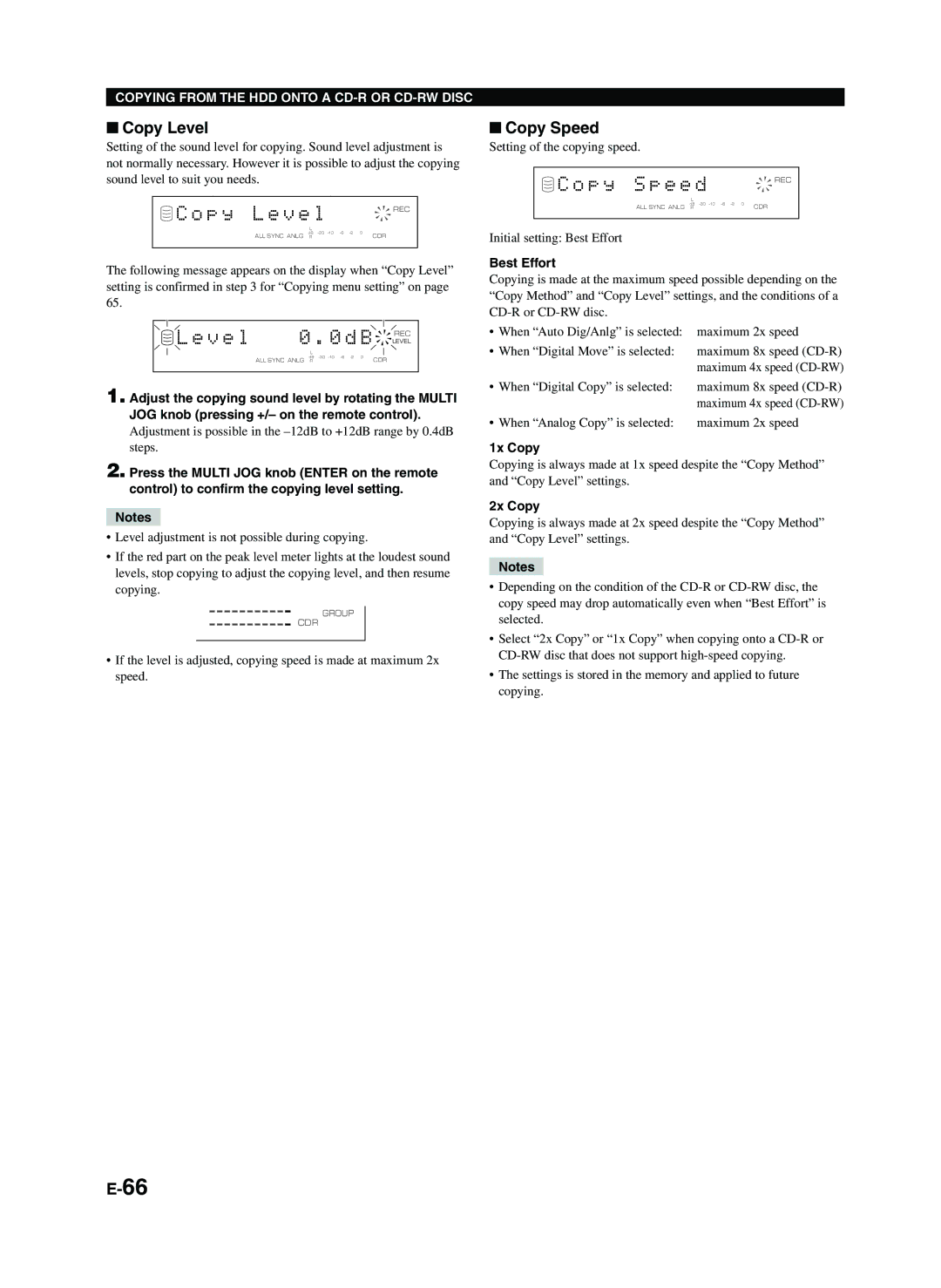 Yamaha CDR-HD1300E owner manual Copy Level, When Digital Copy is selected 