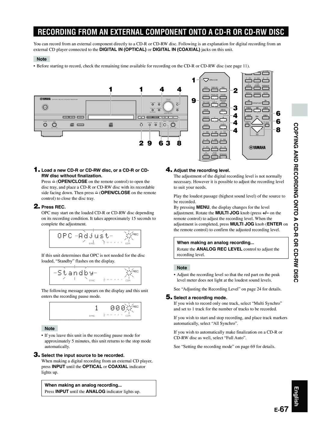 Yamaha CDR-HD1300 A n d b y, 0 0 REC, When making an analog recording, Press Input until the Analog indicator lights up 