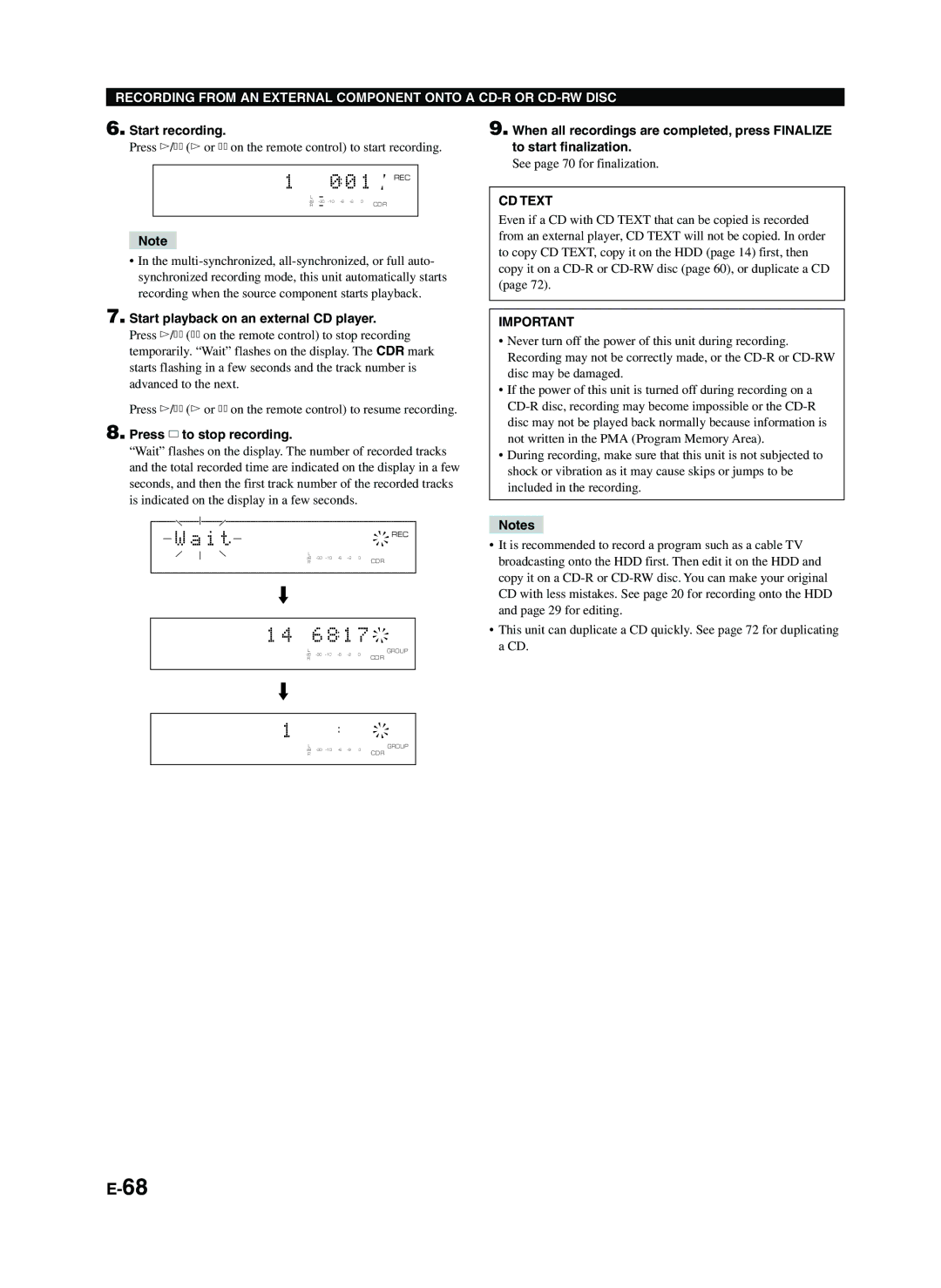 Yamaha CDR-HD1300E owner manual Start recording, Start playback on an external CD player 