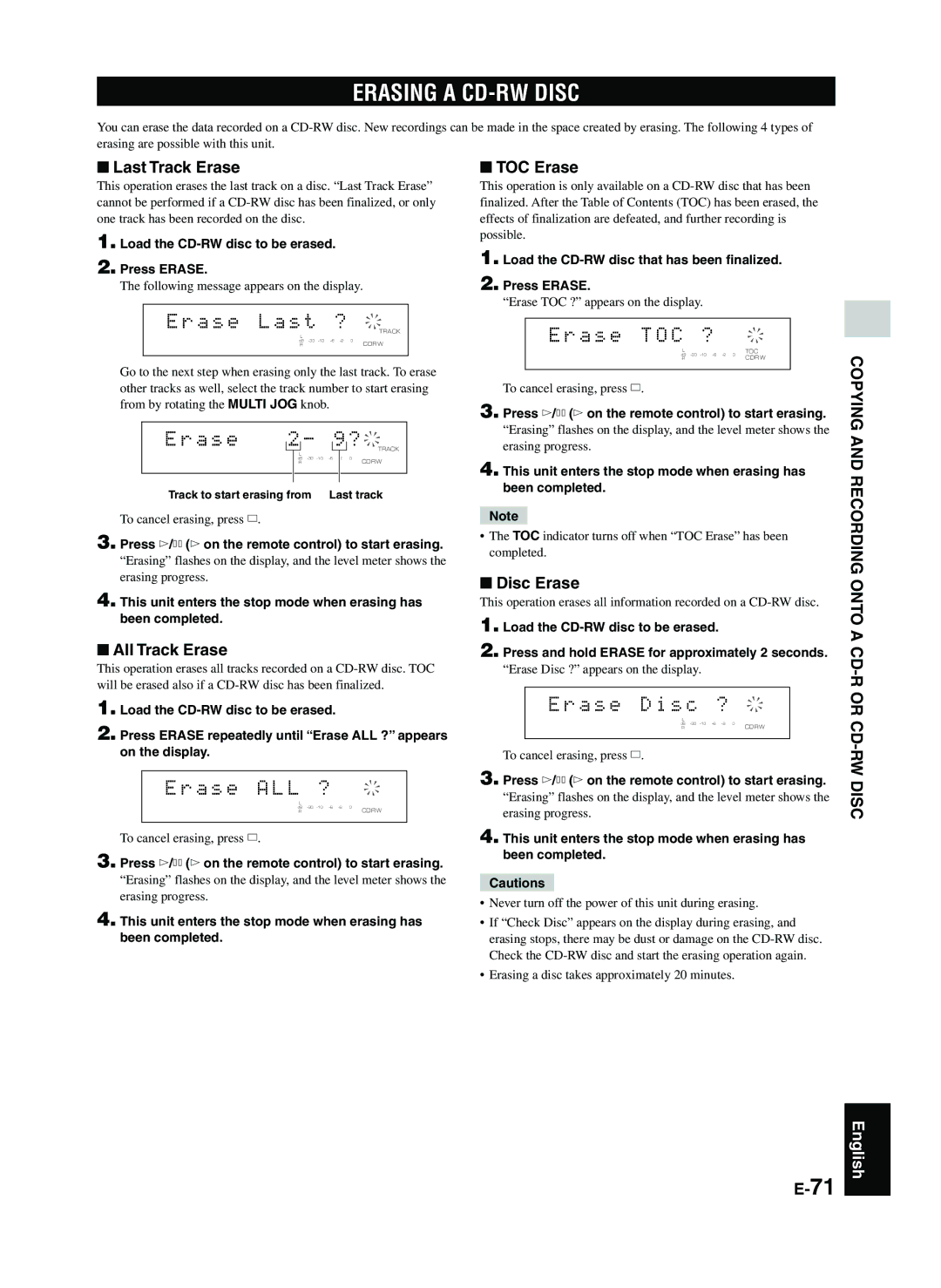 Yamaha CDR-HD1300E owner manual Erasing a CD-RW Disc, A s e L a s t, A s e a L L, A s e T O C, A s e D i s c 