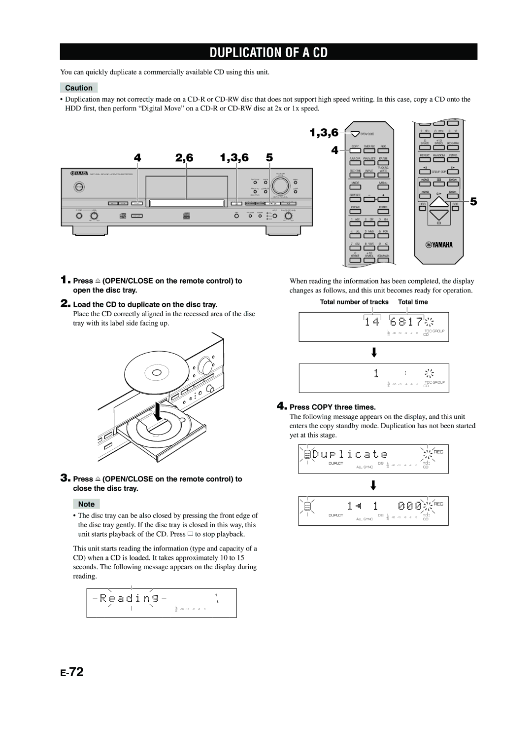 Yamaha CDR-HD1300E owner manual Duplication of a CD, P l i c a t e, Press Copy three times 