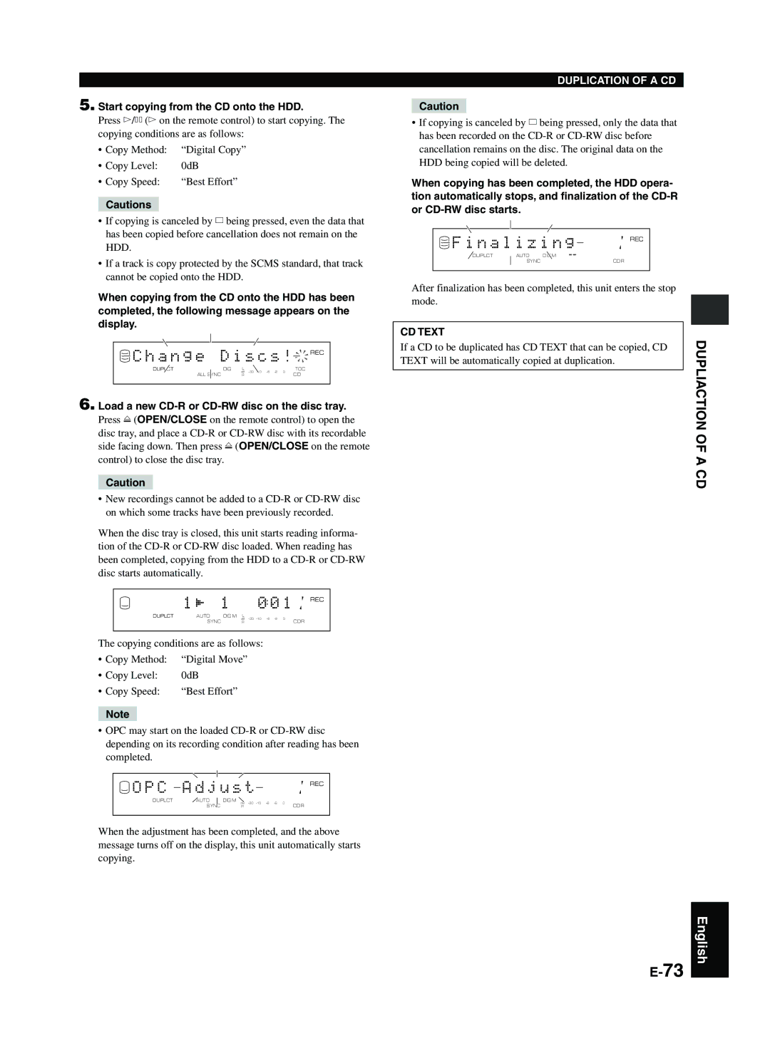 Yamaha CDR-HD1300E owner manual A n g e D i s c s ! REC, N a l i z i n g, Start copying from the CD onto the HDD 