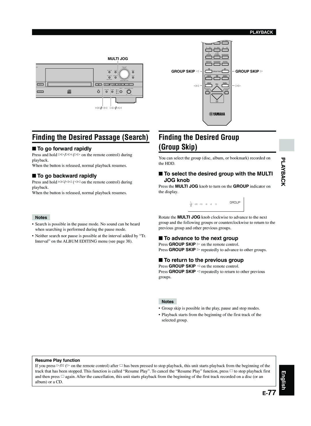 Yamaha CDR-HD1300E owner manual Finding the Desired Group Group Skip 