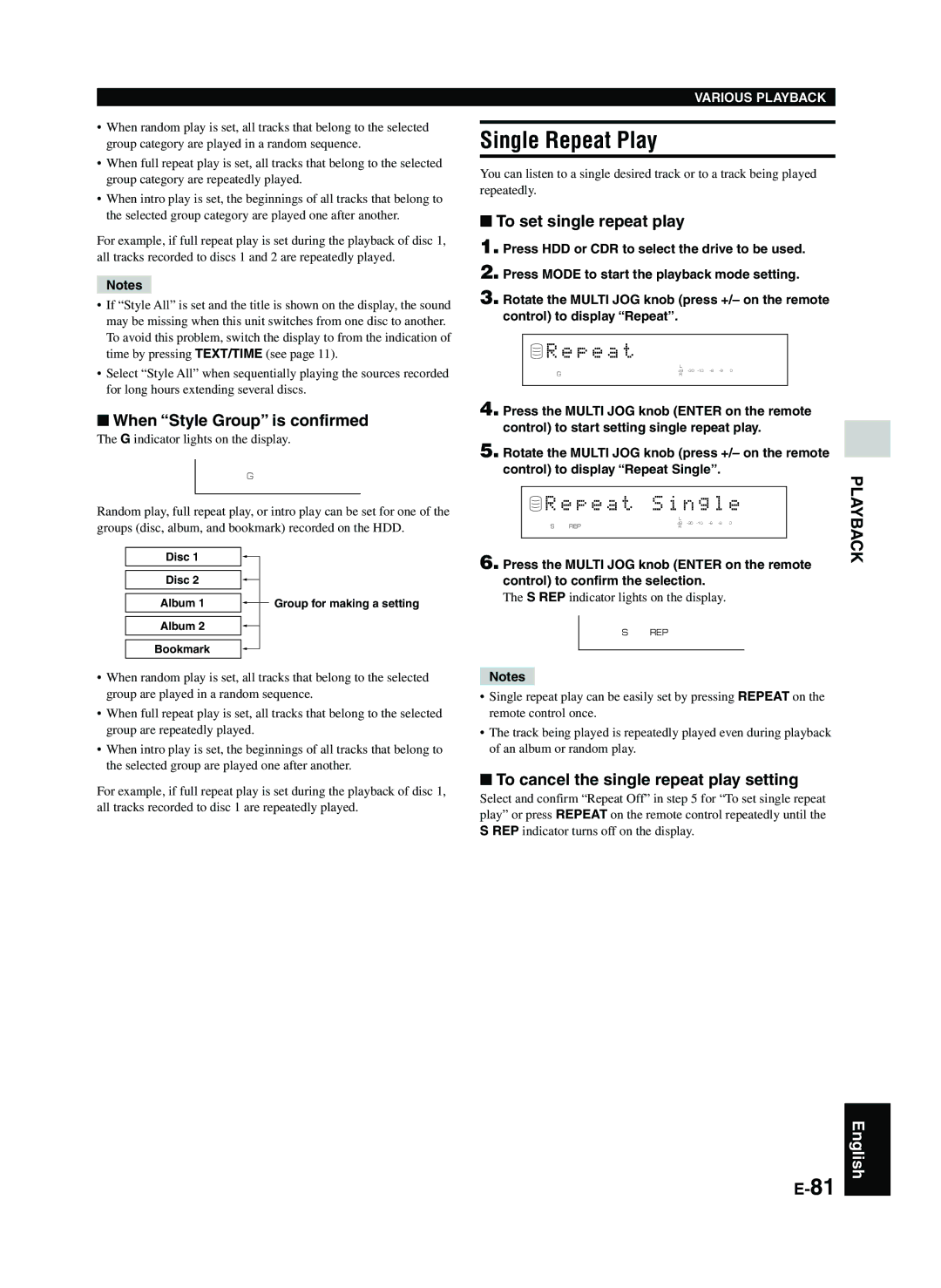 Yamaha CDR-HD1300E owner manual Single Repeat Play, P e a t S i n g l e 