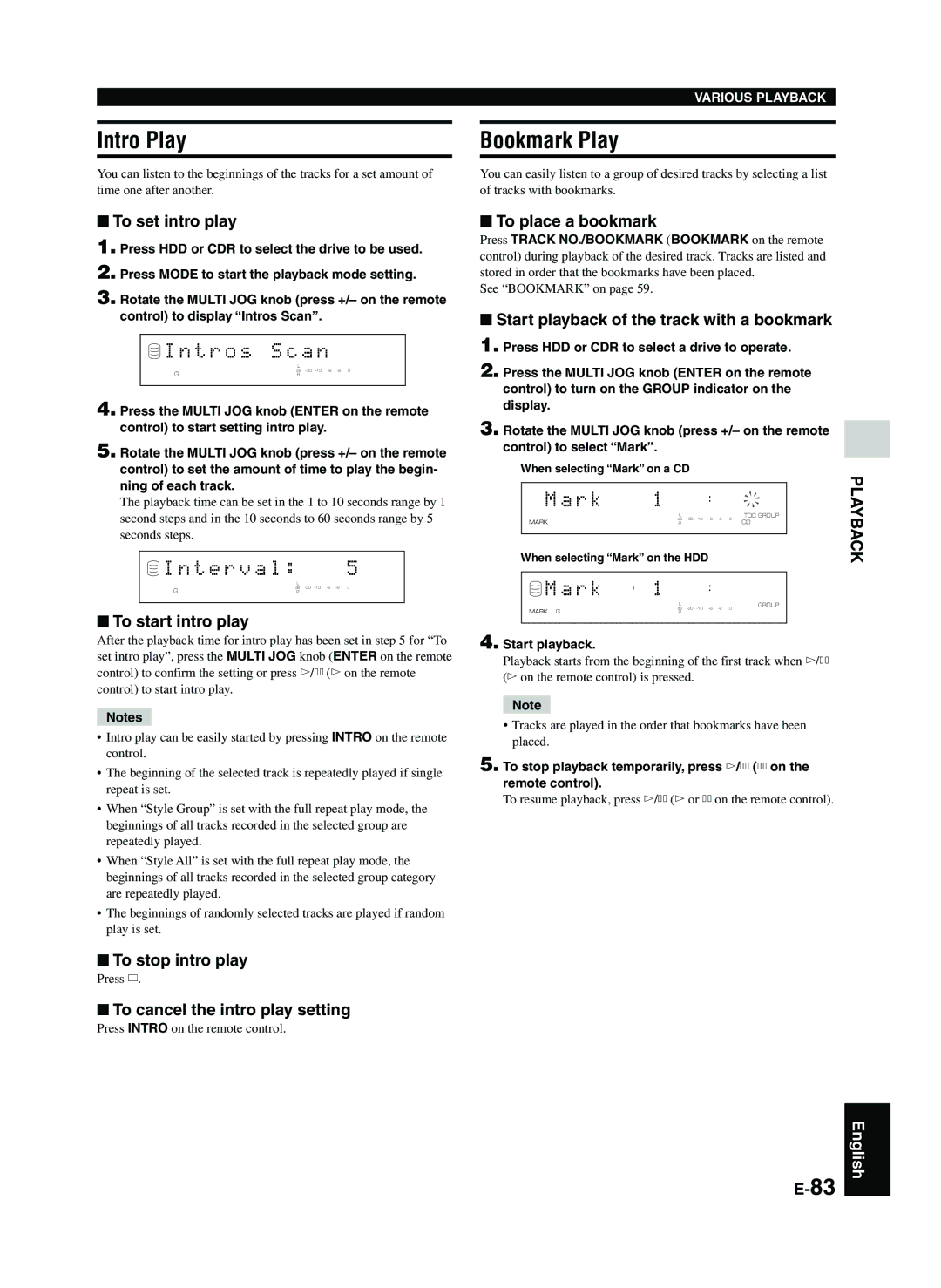 Yamaha CDR-HD1300E owner manual Intro Play, Bookmark Play, T r o s A n, T e r v a l, R k 