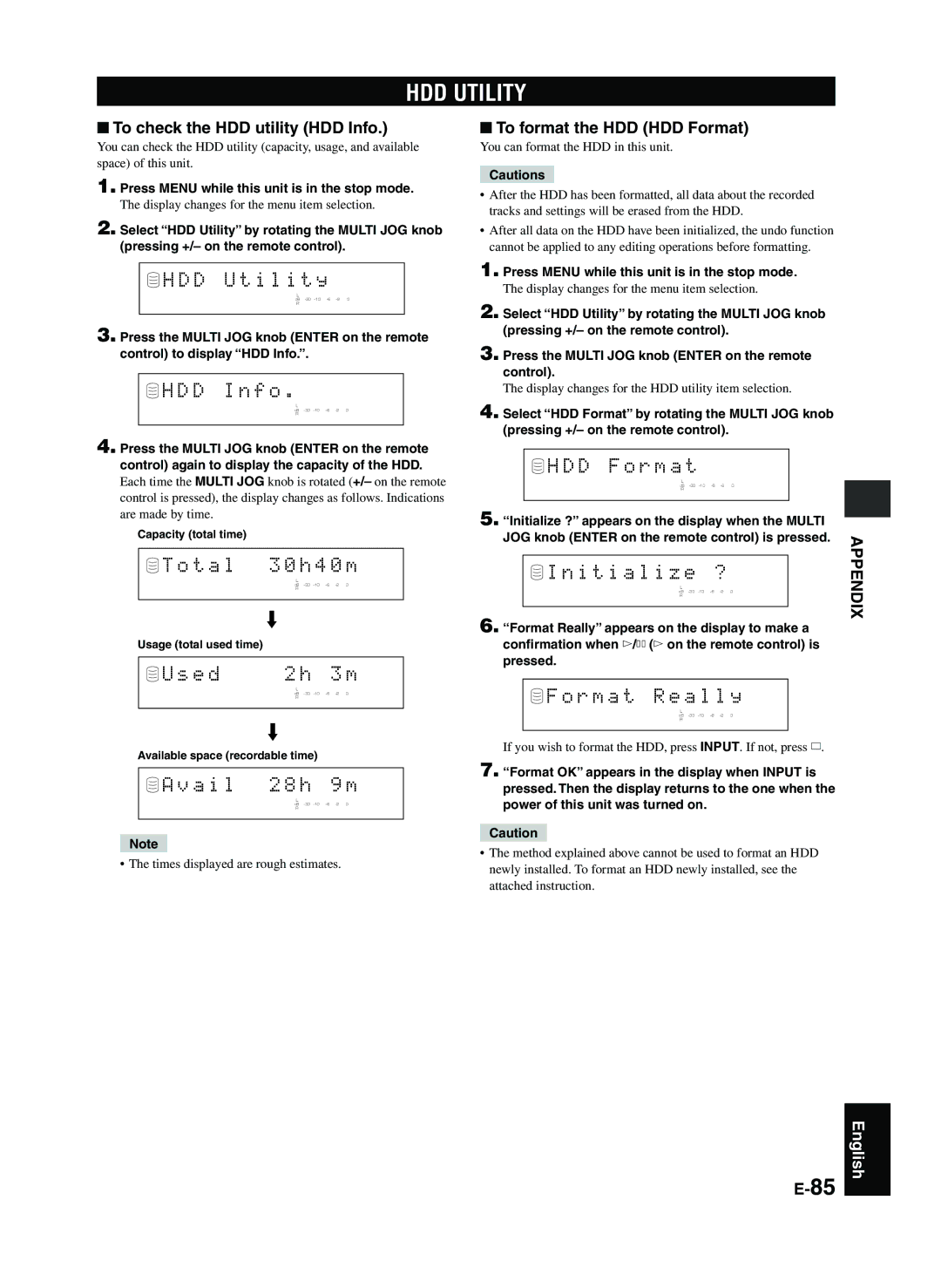 Yamaha CDR-HD1300E owner manual HDD Utility, T a l 3 0 h 4 0 m, E d, A i l 