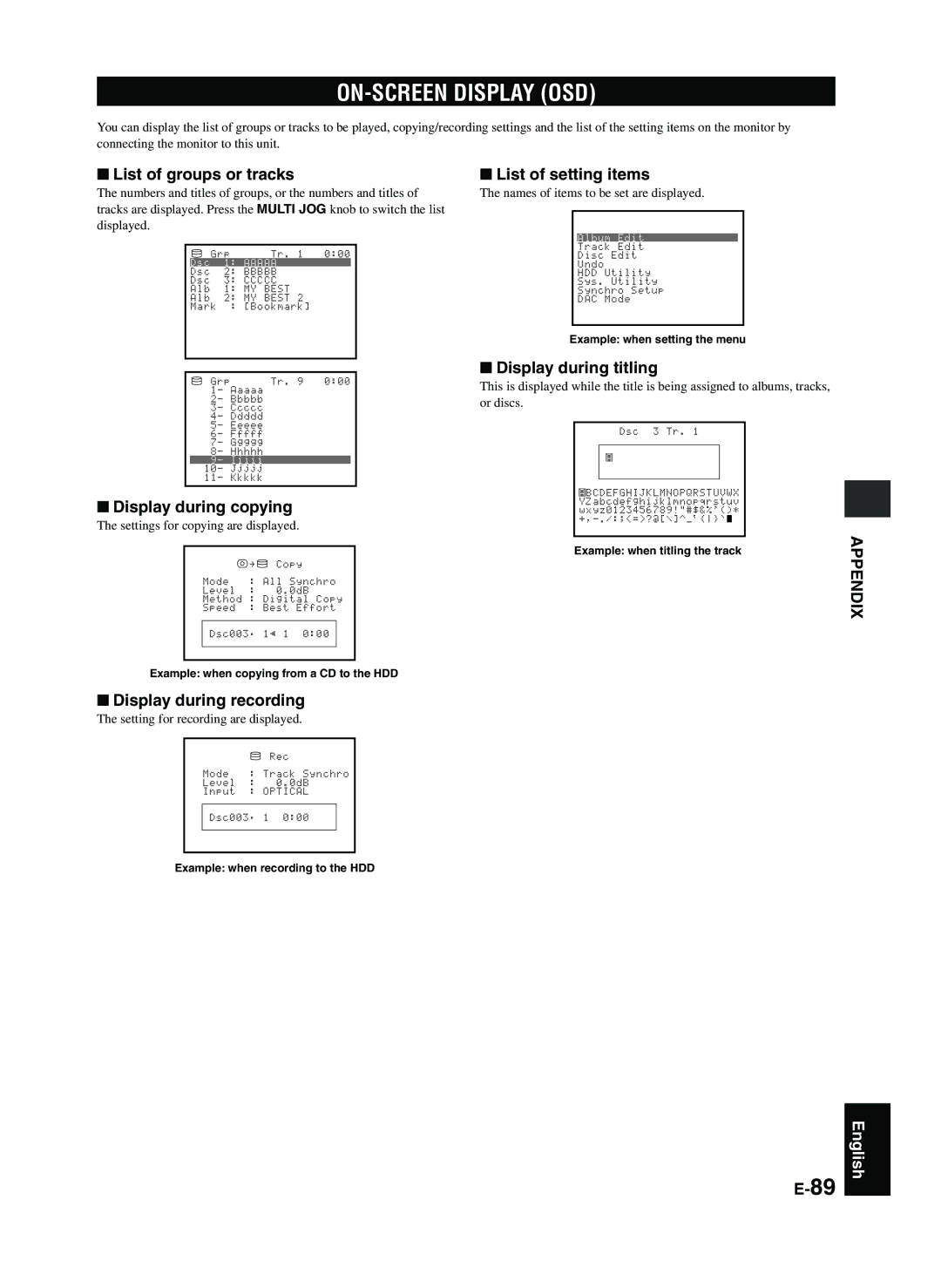 Yamaha CDR-HD1300E owner manual ON-SCREEN Display OSD 