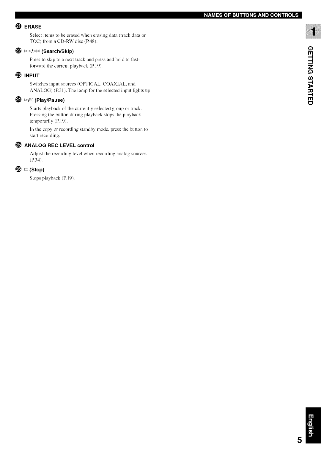 Yamaha CDR-HD1500 owner manual Erase, Search/Skip, NnPlay/Pause, Analog REC Level control, Stop 