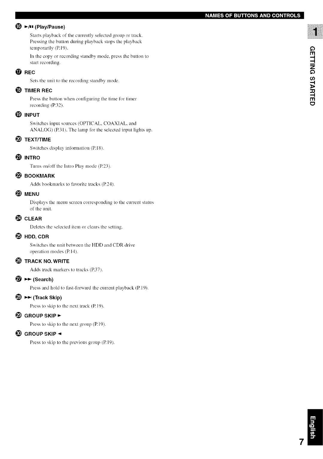 Yamaha CDR-HD1500 owner manual Rec, Timer REC, Input, Intro, Bookmark, Hdd, Cdr, Group Skip 